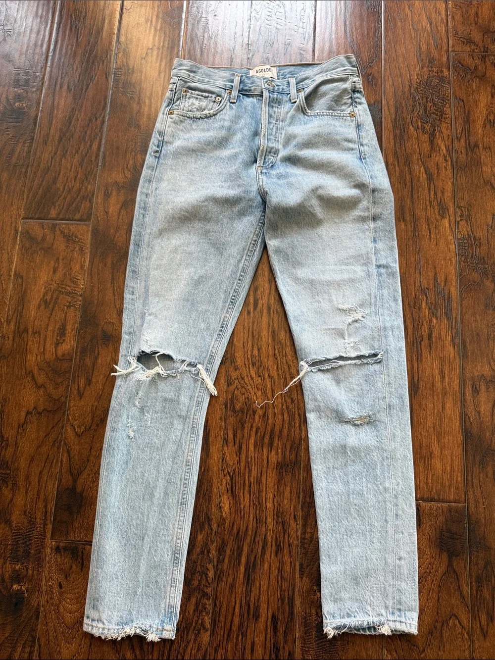 Agolde Jamie Light Wash Ripped Straight Jeans, size 24